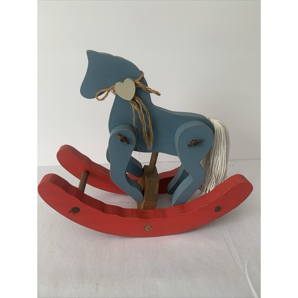 Vintage Rustic Wooden Rocking Horse Figurine Blue Red Folk Art Decor 11 inch
